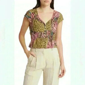 Madewell Shirred Cap-Sleeve Top in
Brushstroke Monstera Size Small